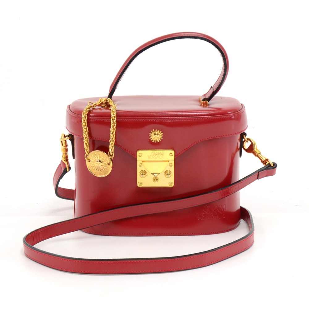 Versace V Leather Top Handle Bag In Eros Flame Red/ Tribute Gold