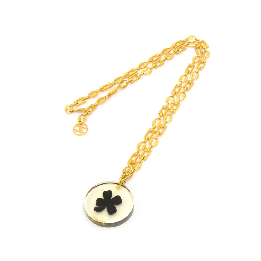 Chanel Resin Black Clover Pendant Necklace