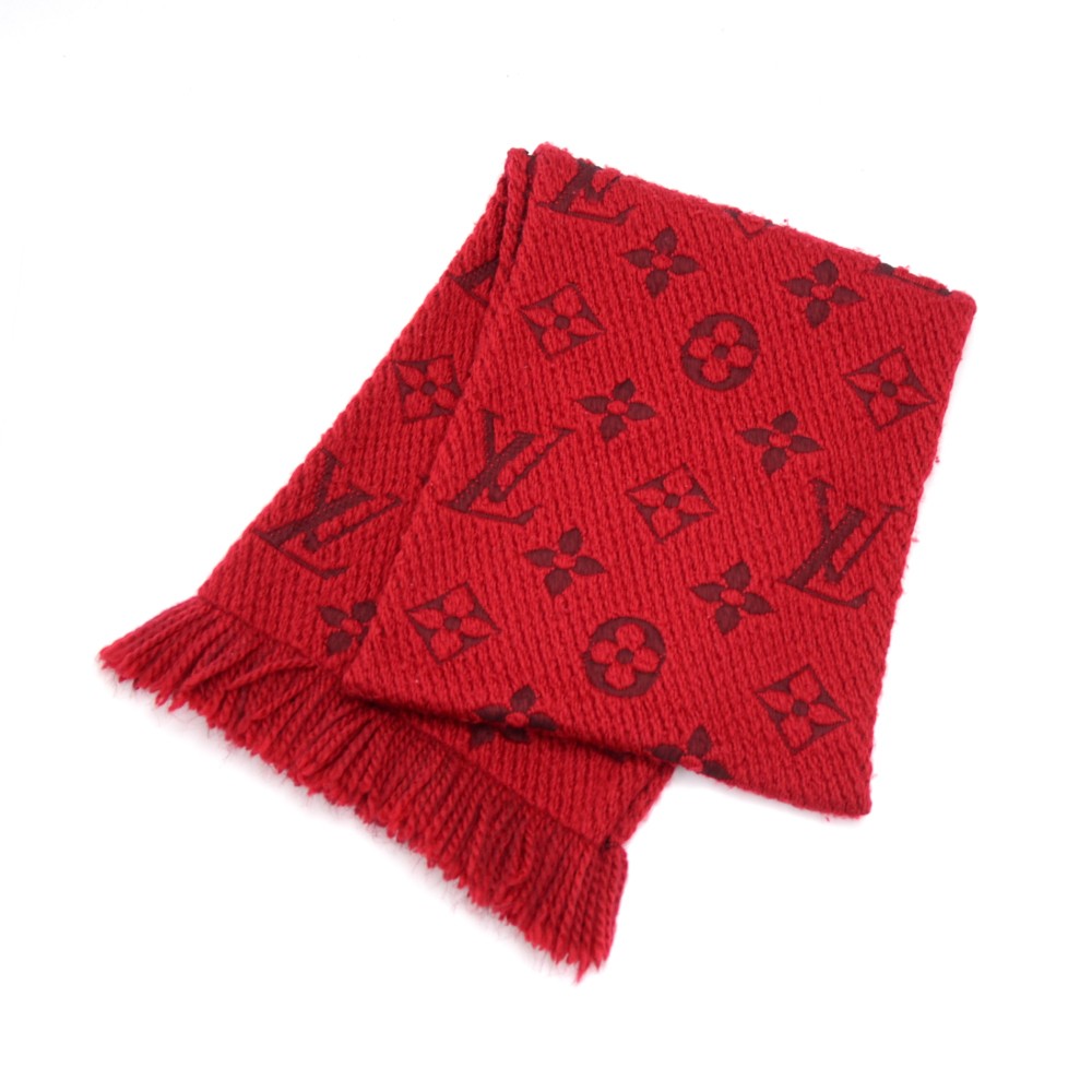 Louis Vuitton Red Wool and Silk Blend Logomania Shine Scarf at