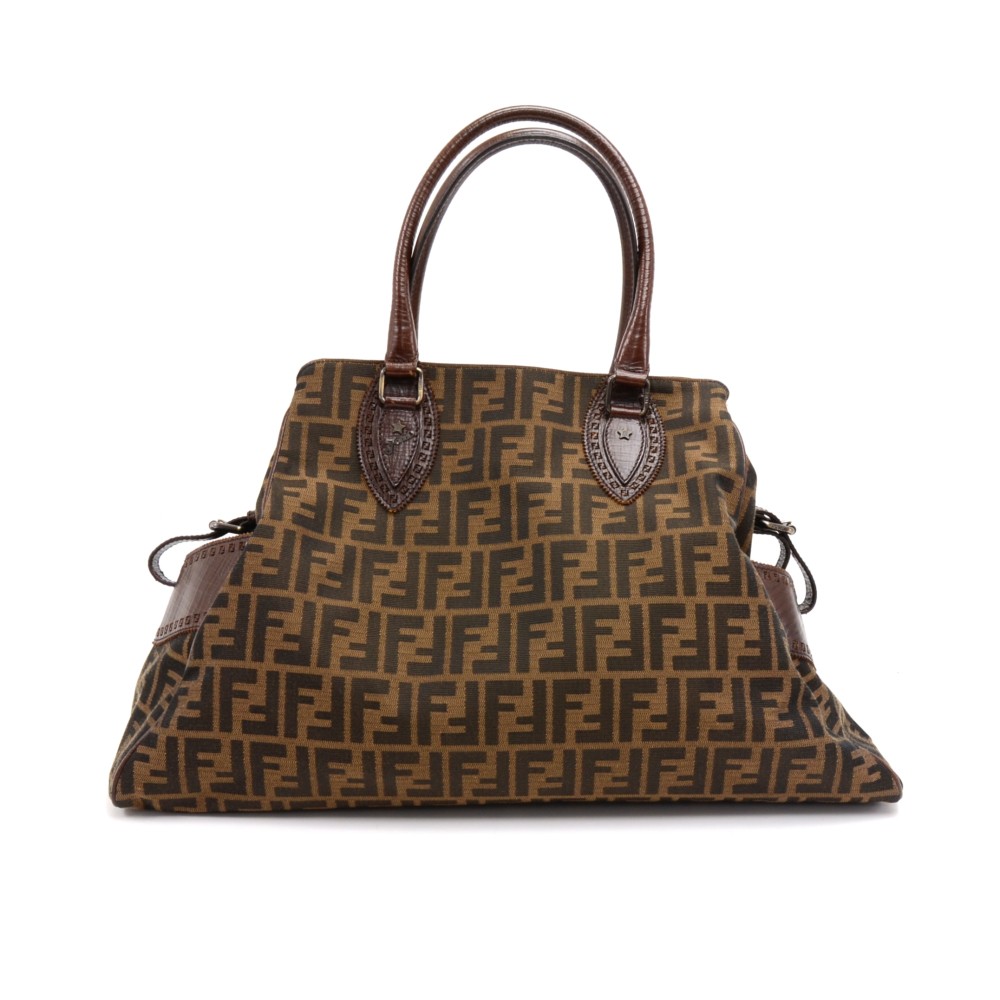 Fendi zucca pouch bag Brown Golden Leather Cotton ref.66768 - Joli Closet