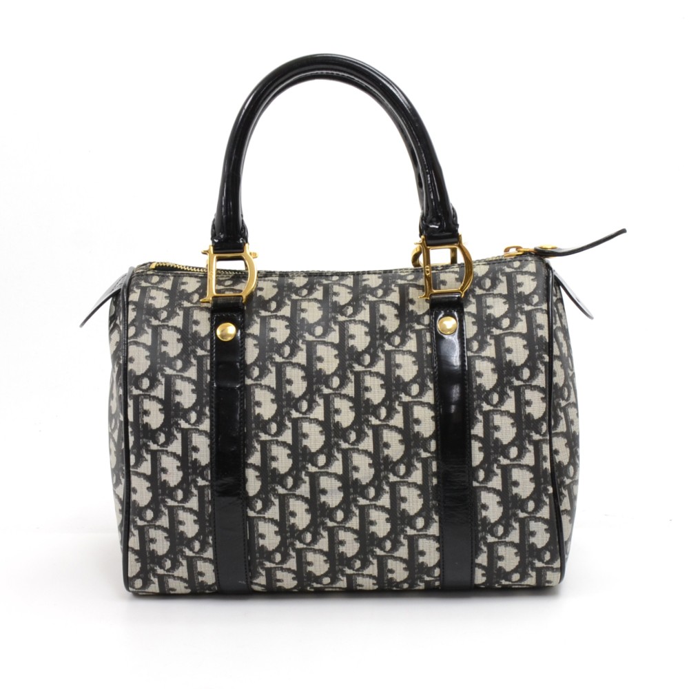 Christian Dior Lady Dior Tortoiseshell Canvas Patent Fabric Black Handbag  Auth