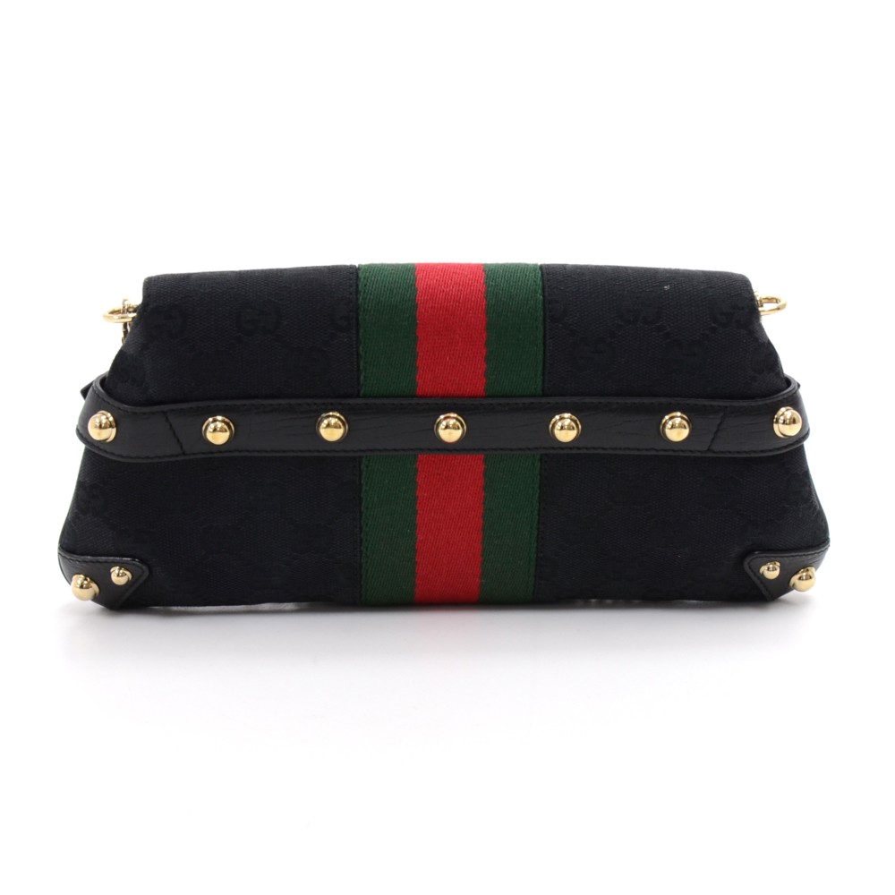 Gucci Gucci Black GG Monogram Canvas Horsebit Chain Green & Red Web