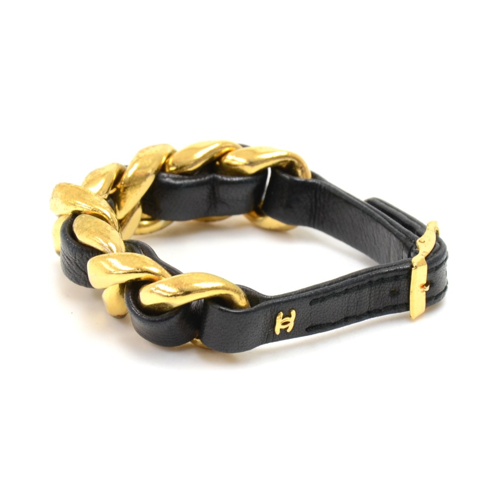Chanel Vintage Chanel Black Lambskin Leather & Gold Chain Bracelet.