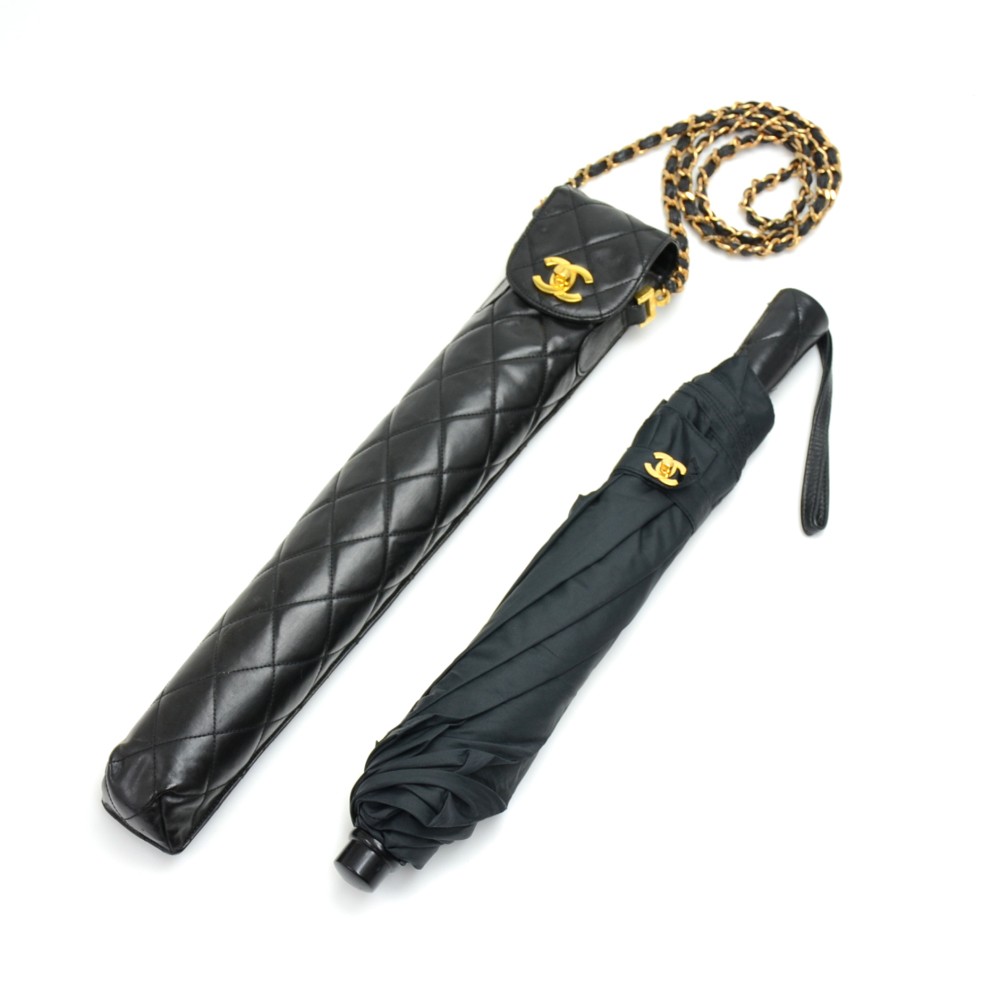 Chanel Vintage Chanel Black Nylon Umbrella With Quilted Calfskin