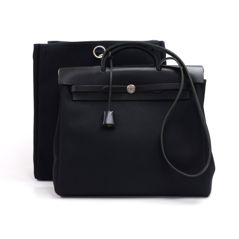 Hermes 30cm Black Canvas and Vache Calfskin Leather 2-In-1 Herbag PM Bag -  Yoogi's Closet