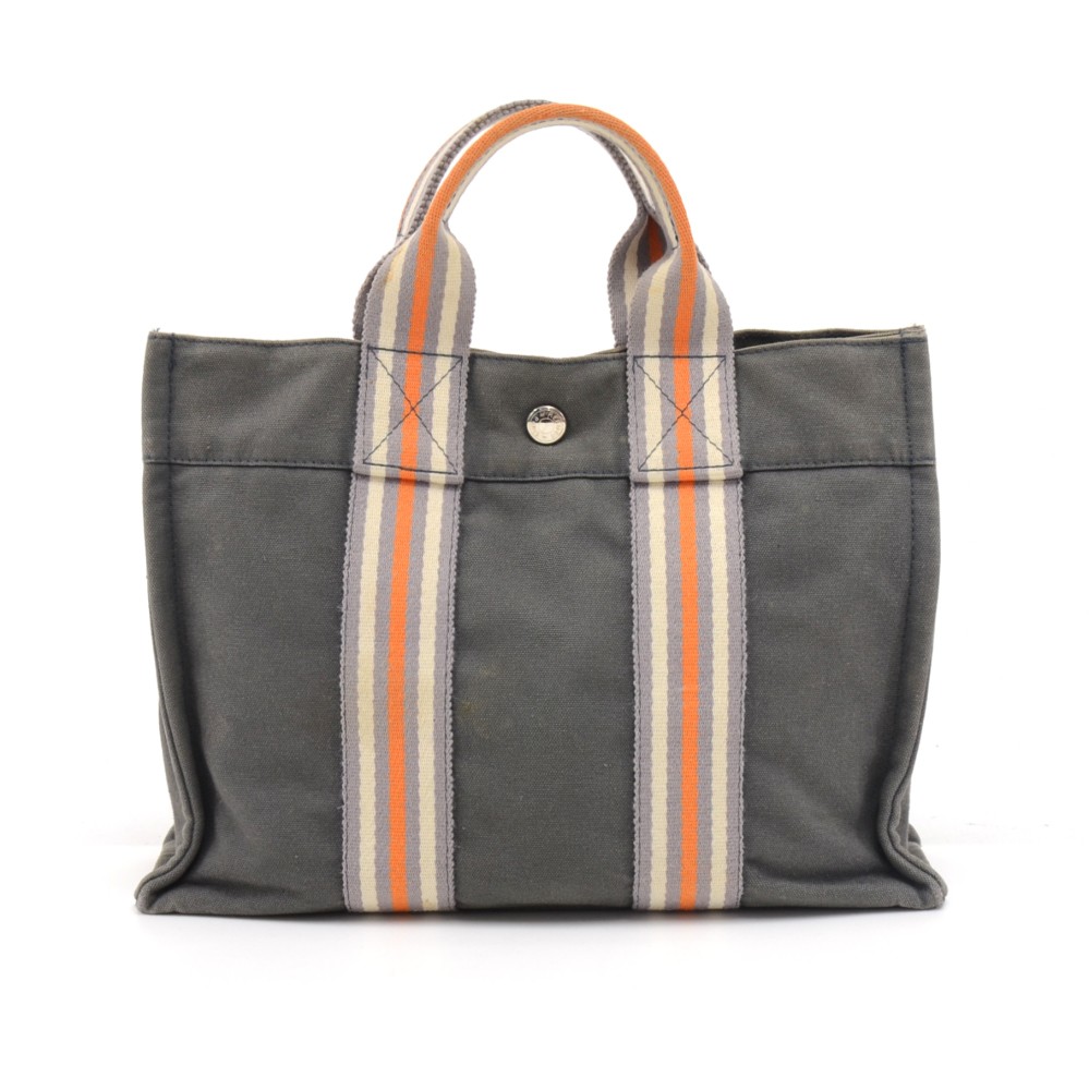 Hermes Herline Large Gray/Brown Canvas Fabric Tote Bag