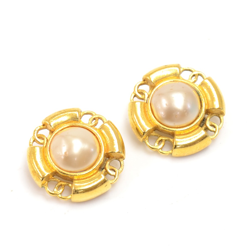 Chanel Vintage Chanel Large Pearl x Gold Tone CC Logo Round Earrings