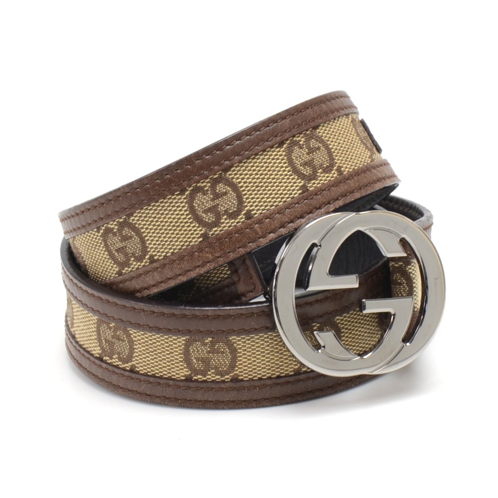 GUCCI Beige GG Canvas Brown Leather Trim Belt Sz 85/34(6US) - The