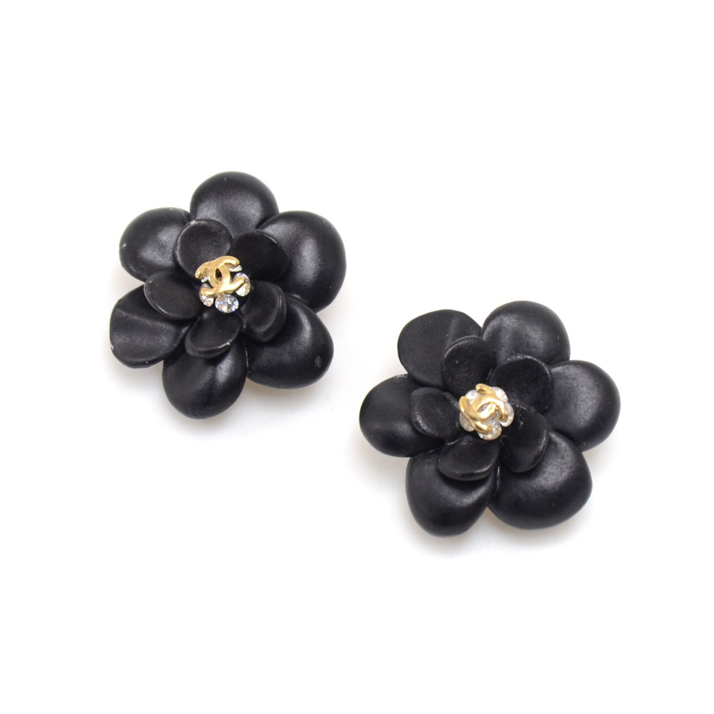 Chanel Chanel Matte Black Camellia & CC Logo with Crystal Earrings