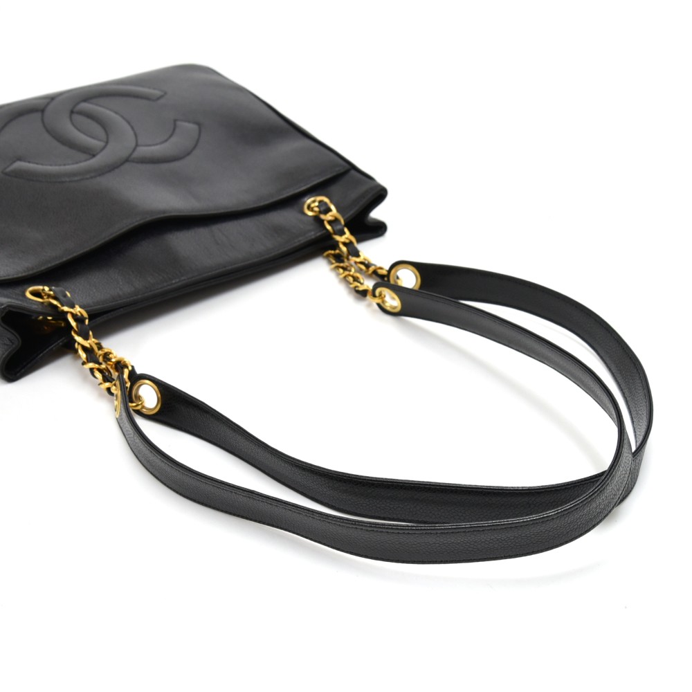 Chanel Vintage Chanel Black Caviar Leather CC Logo Embossed Chain