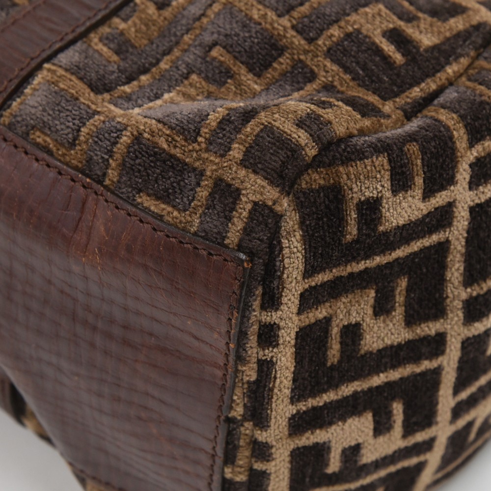 FENDI Fendi Tobacco Zucca Wool & Brown Leather Shoulder Bag