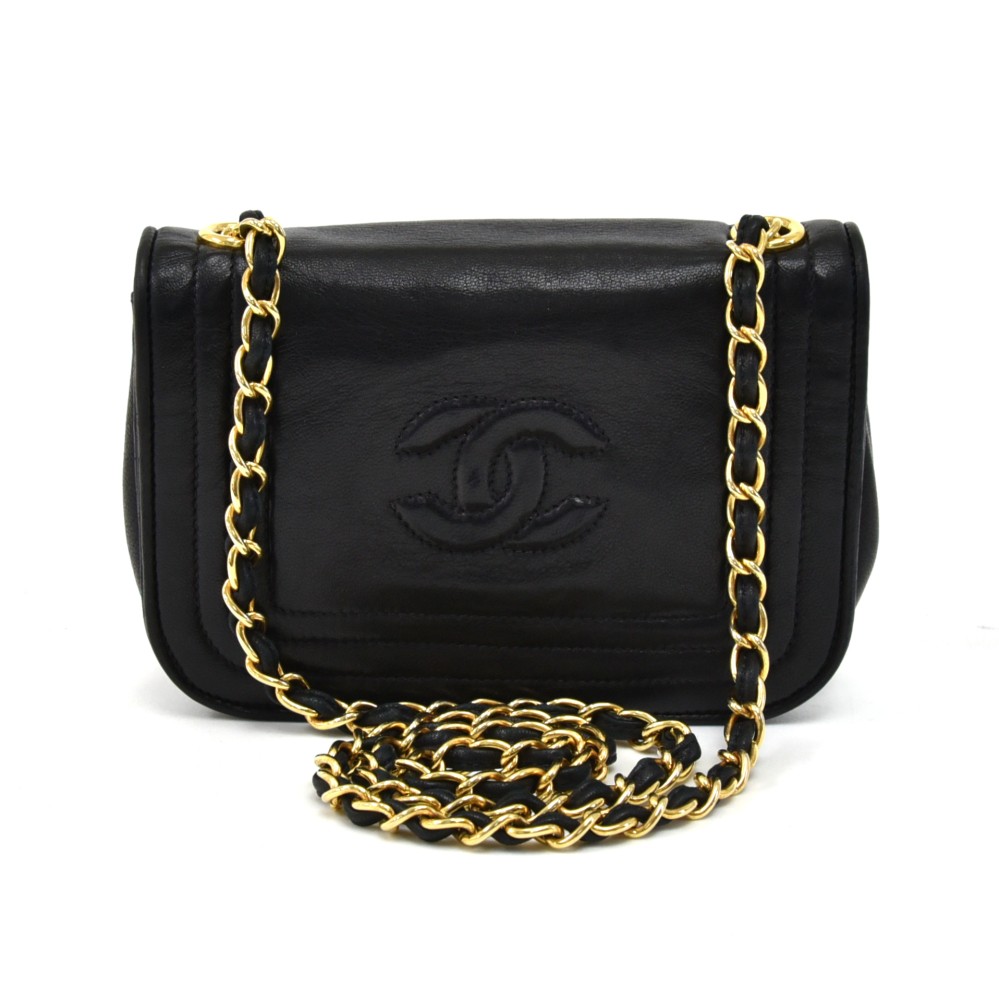 Vintage Chanel Black Lambskin Leather Mini CC Logo Flap Bag