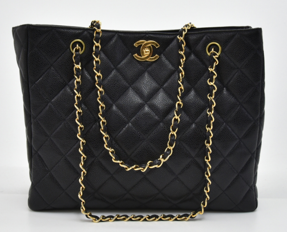 Chanel Chanel Black Quilted Caviar Leather Shopping Tote Bag