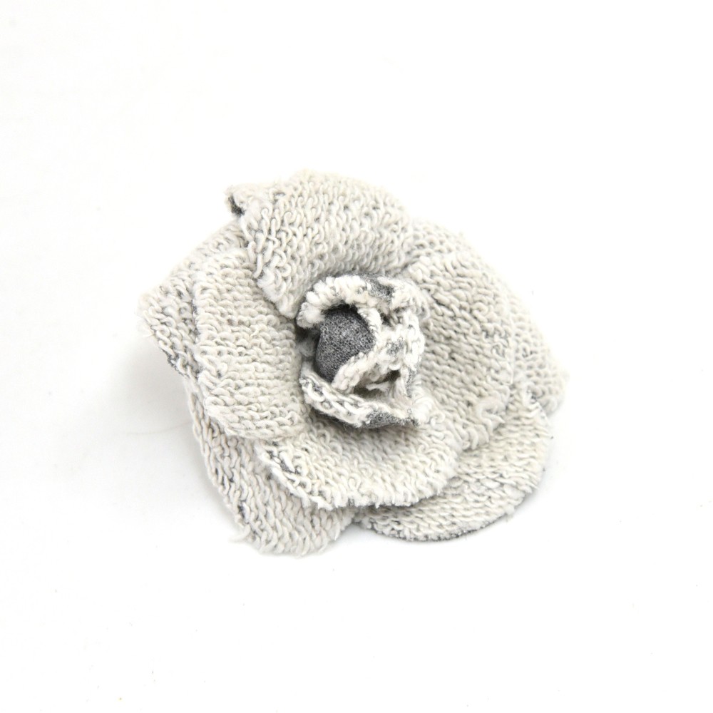 Chanel Vintage Chanel White & Gray Wool Knit Camellia Flower Brooch