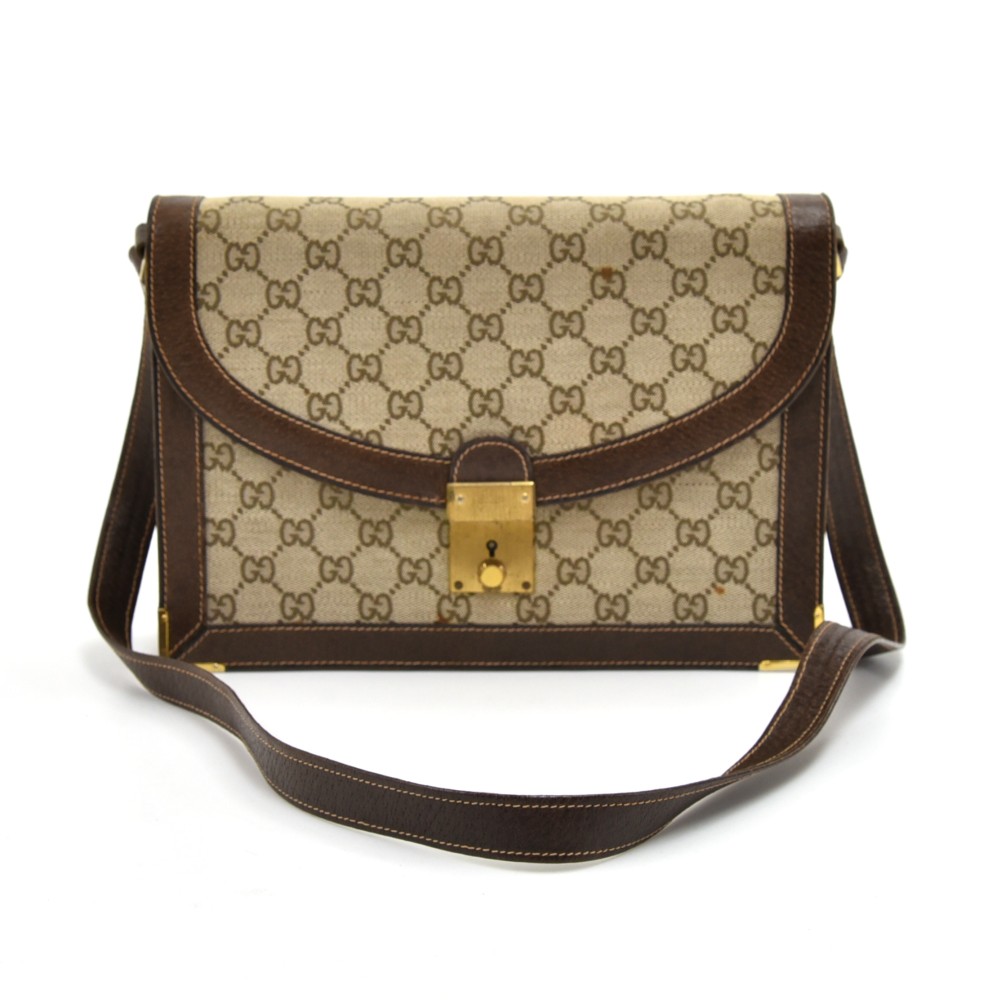 Gucci Vintage Gucci GG Beige Canvas & Brown Leather 2 Way Flap ...