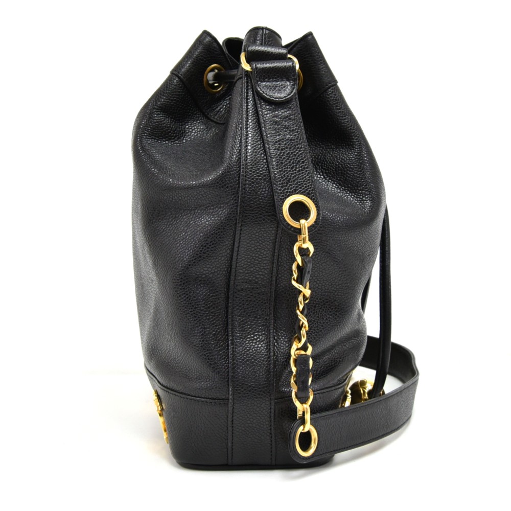 Chanel Black Caviar Leather Vintage Classic Logo Trim Bucket Bag with Pouch