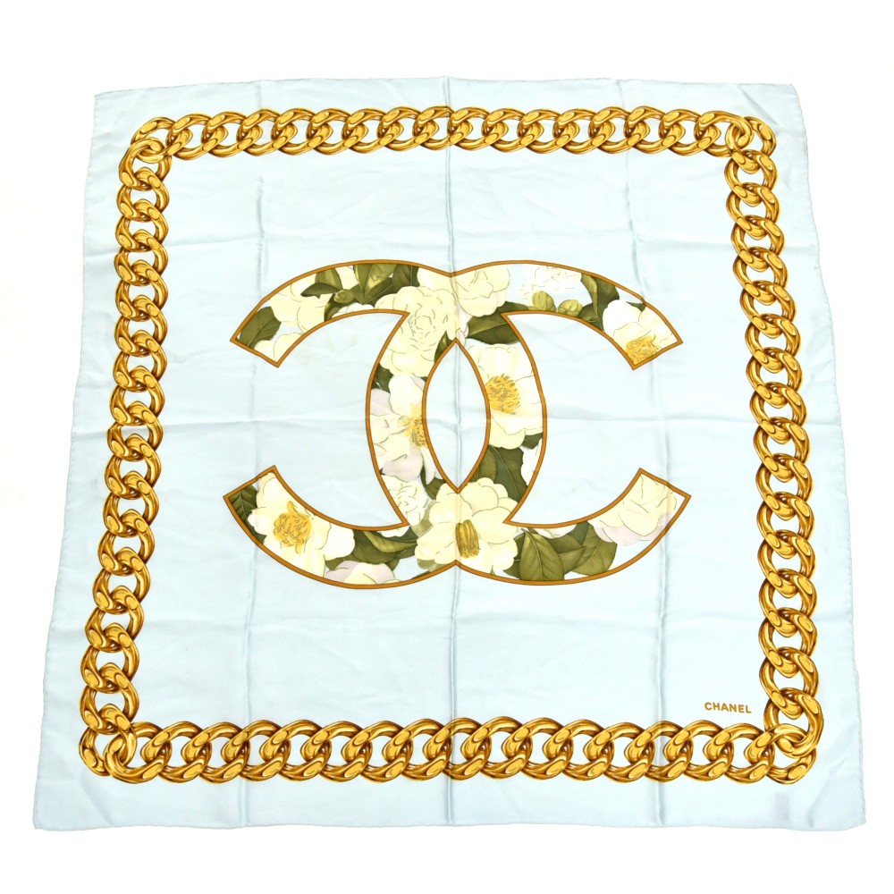 CHANEL SILK SCARF BLUE GOLD CHAIN LINKS