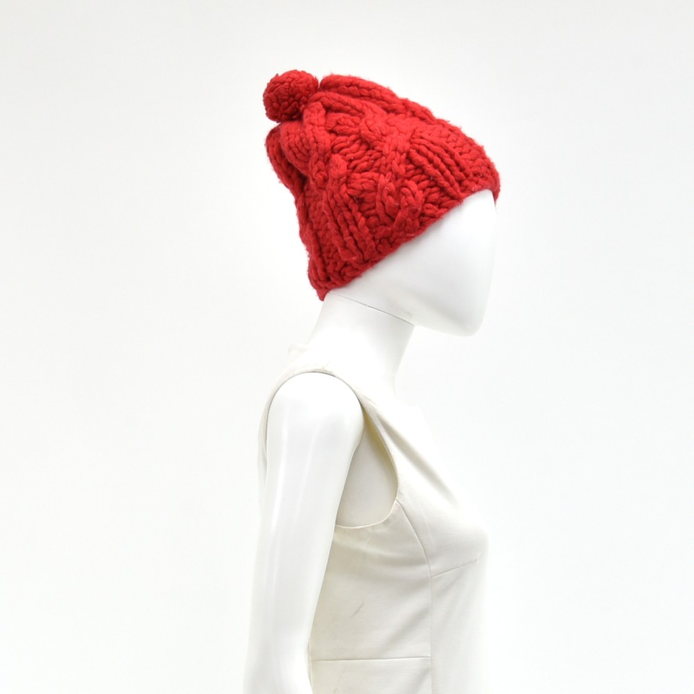 Prada Prada Unisex Red Wool Pompom Knit HatSize M