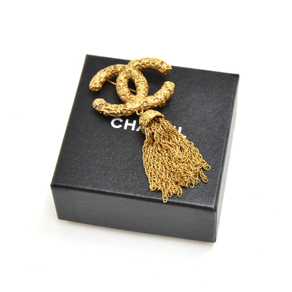 Chanel Vintage Chanel Etruscan Style Textured CC logo Tassel Brooch