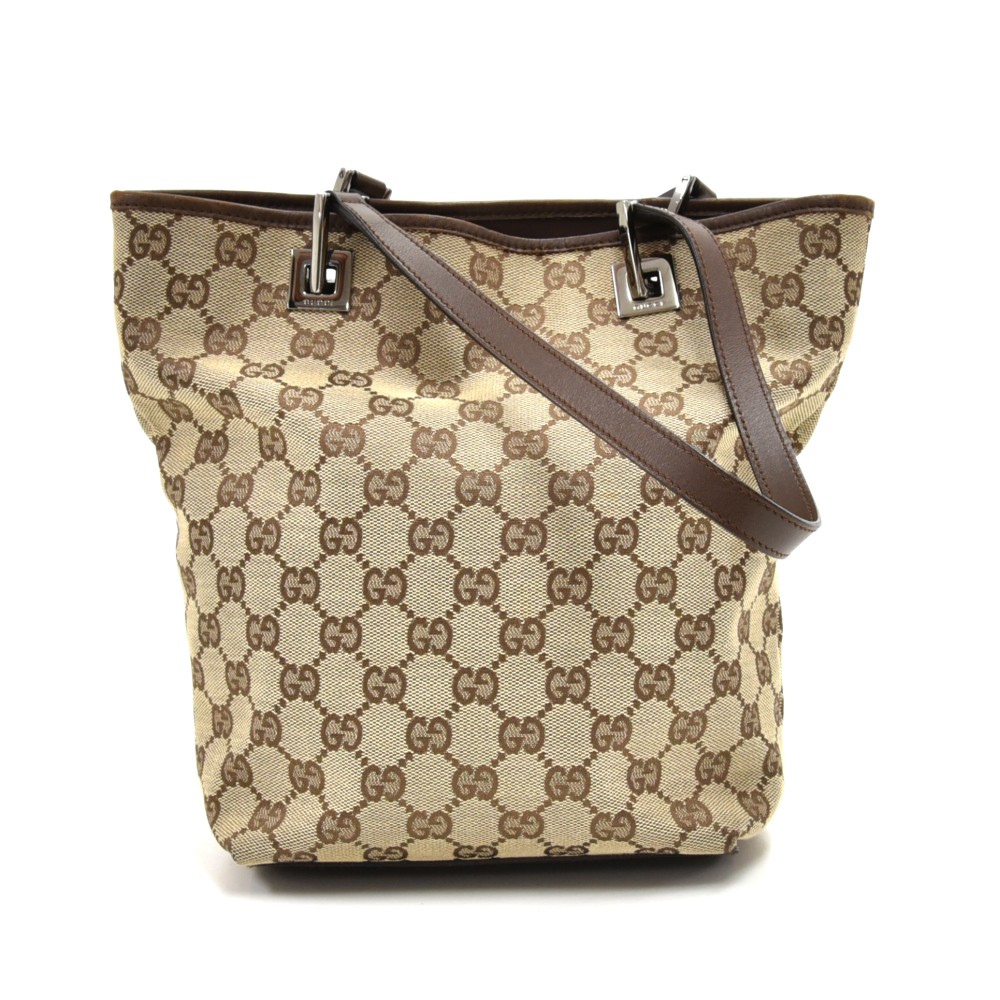 Gucci Gucci Beige GG Original Canvas Brown Leather Bucket Tote Bag