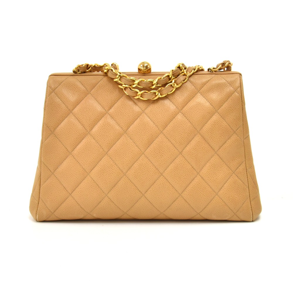 Chanel Vintage Chanel Frame Opening Beige Quilted Caviar Leather