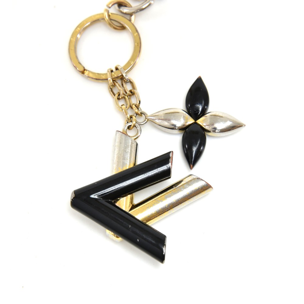 Auth Louis Vuitton Porte Cles Initial LV Keyring Bag Charm Black/Gold Used  F/S
