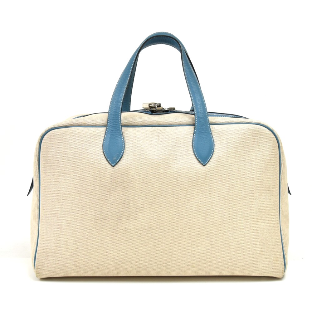 Hermes Hermes Victoria 43 Coated Canvas x Light Blue Leather Boston ...