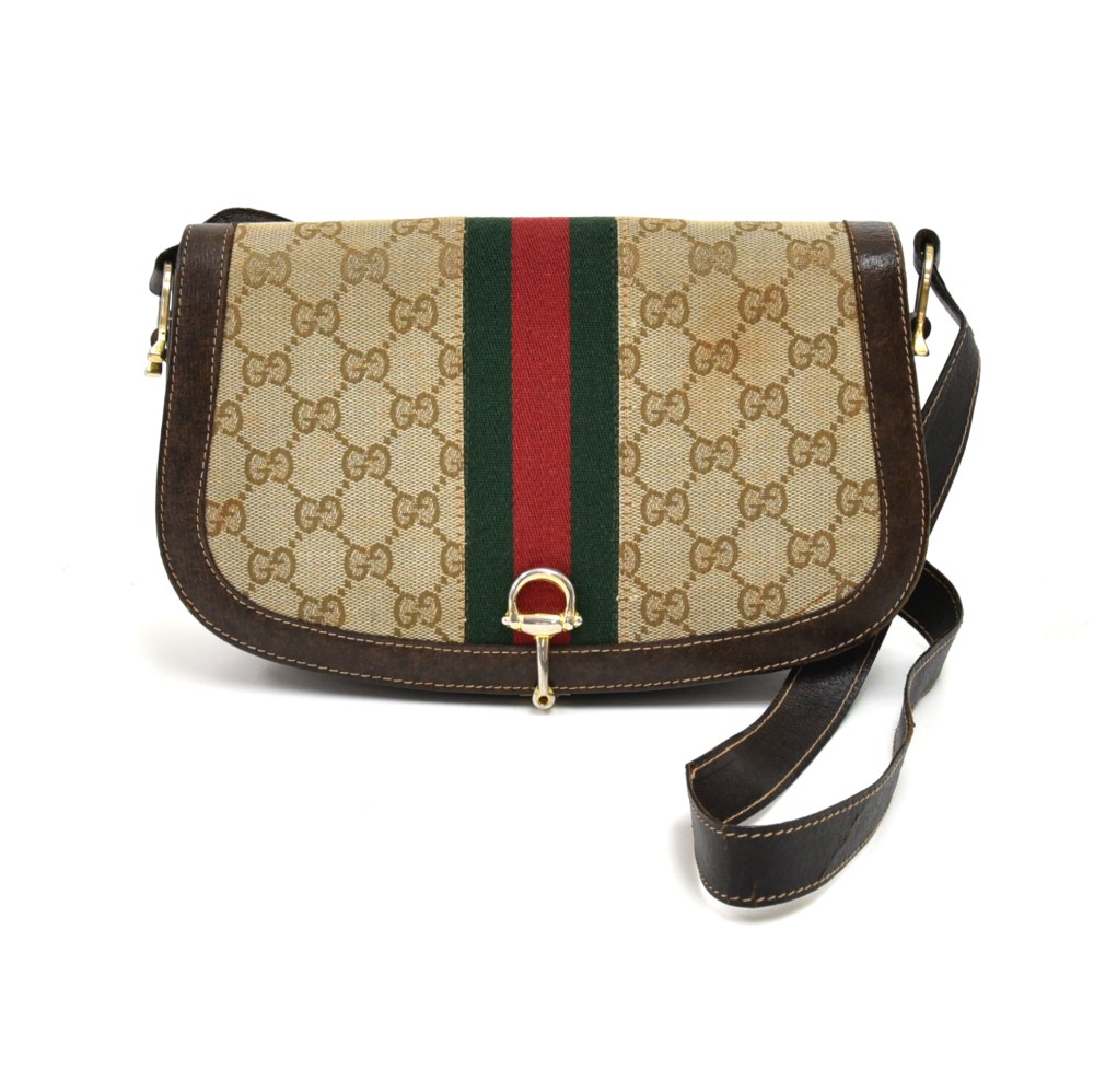 GUCCI VINTAGE GG LOGO COATED CANVAS & BROWN LEATHER CROSSBODY BAG