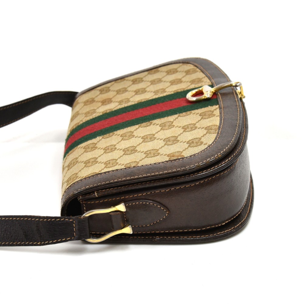 Vintage Old Gucci Shoulder Crossbody Bag Brown Canvas Good Preowned Condition