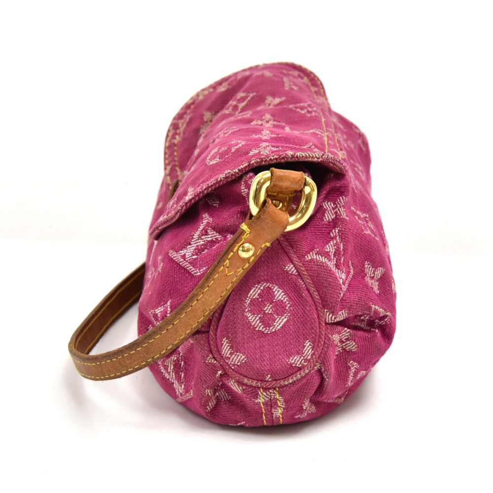 Louis Vuitton Pink Monogram Denim Mini Pleaty ($800) ❤ liked on Polyvore  featuring bags, nocolor, denim bag, monogrammed bags, lou…