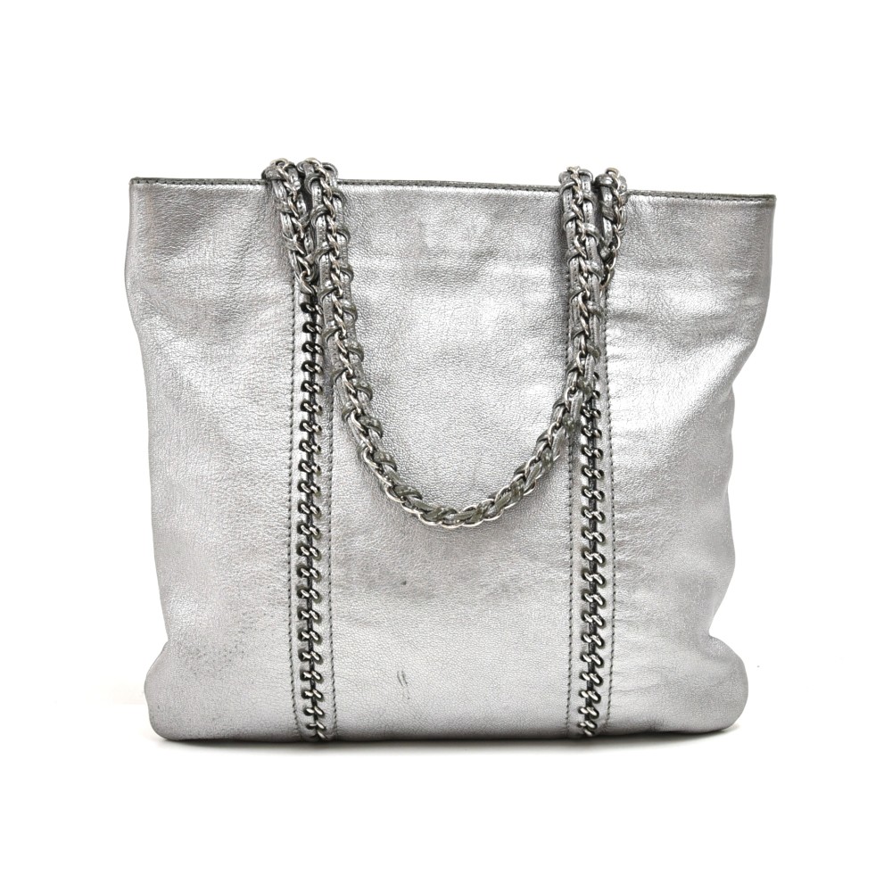 Chanel Chanel Silver Metallic Leather Chain Trim Flat Tote