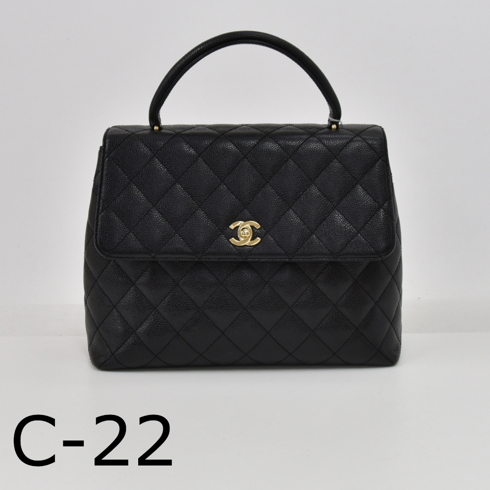 Chanel C-22 Chanel 12 Kelly Style Black Quilted Caviar Leather