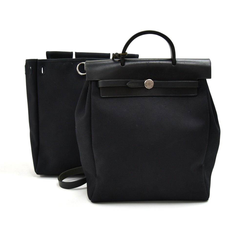 Hermes Herbag in ebony leather and canvas - VALOIS VINTAGE PARIS