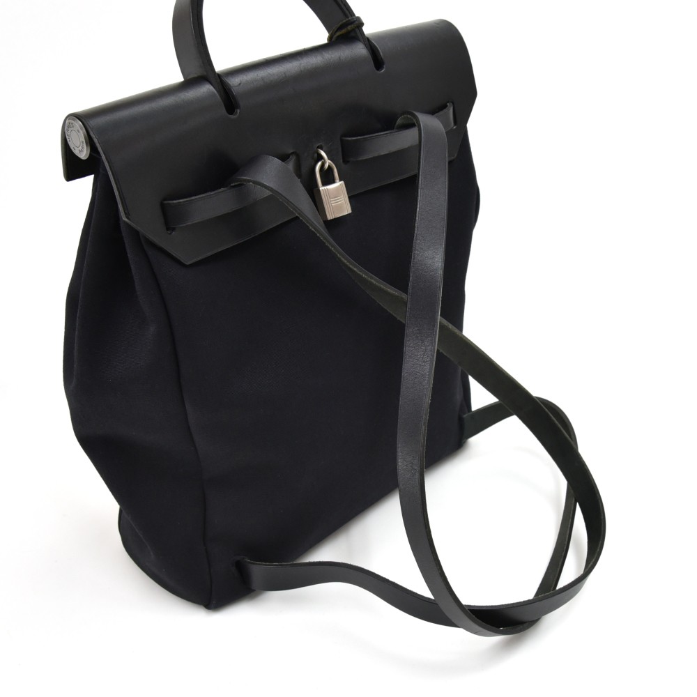 Auth HERMES Her Bag 2 in 1 Black Canvas and Leather Backpack Hand Bag  #51833