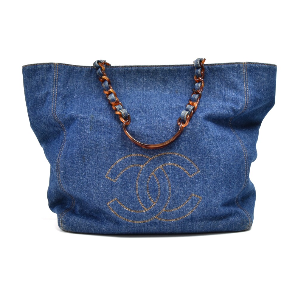 Vintage 80's XL CHANEL CC Logos Monogram Denim Blue Jean & Lucite Tote  Purse Beach Shoulder Bag