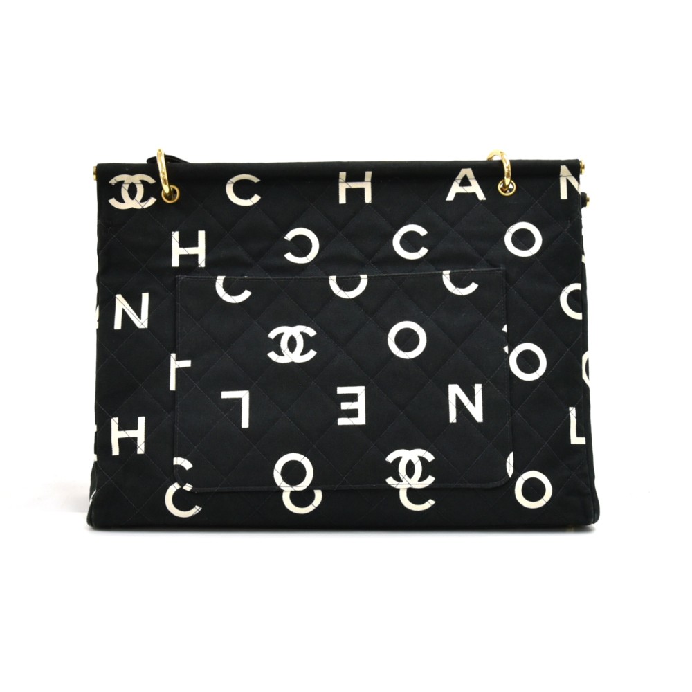 Chanel Vintage Chanel Black & White Logo Letters Print Quilted Cotton