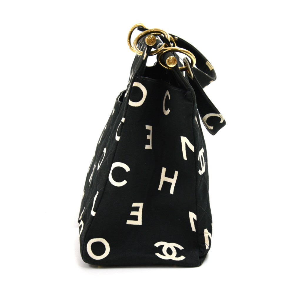 Chanel Vintage Chanel Black & White Logo Letters Print Quilted Cotton ...