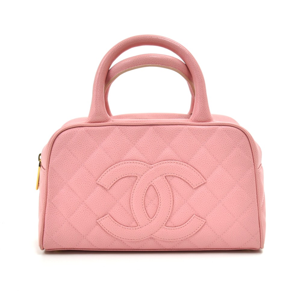 CHANEL BOWLING HANDBAG IN CAVIAR QUILTED CREAM LEATHER HAND BAG