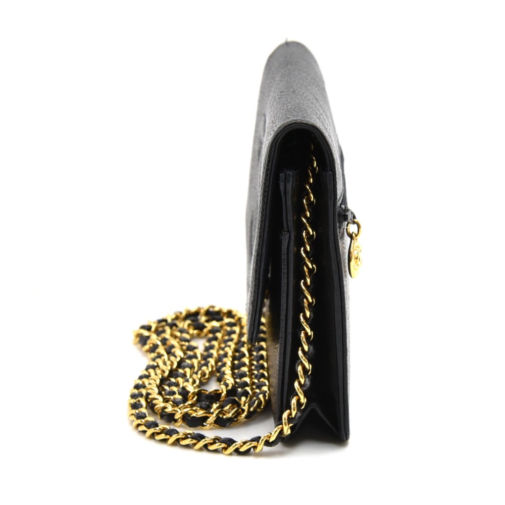 Classic Flap Wallet on chain in Caviar leather, Silver Hardware