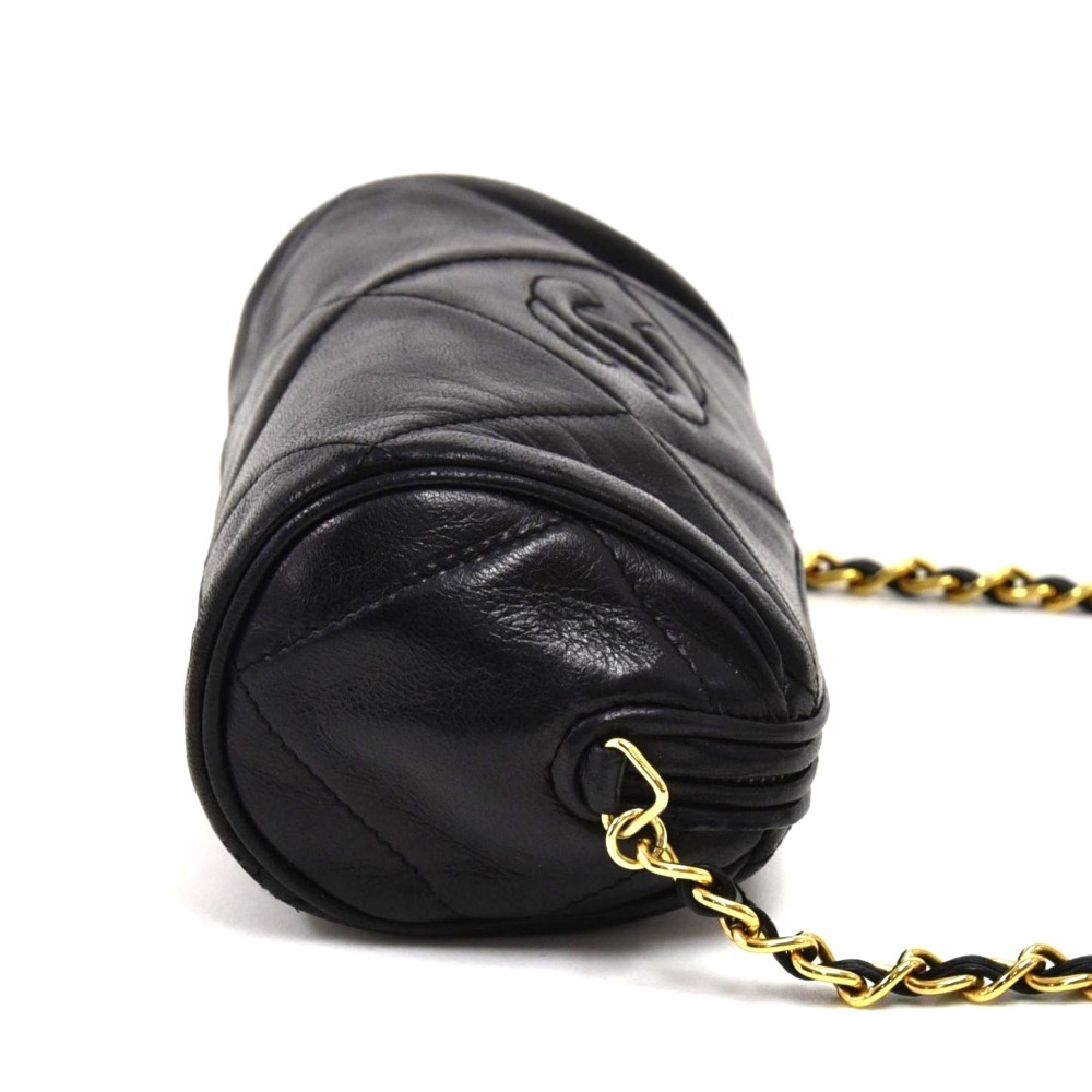 Chanel Vintage Chanel Black Quilted Leather Barrel Shoulder Bag +