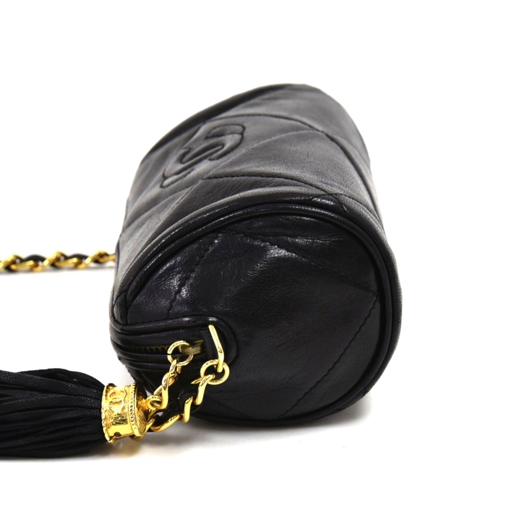 Chanel Vintage Chanel Black Quilted Leather Barrel Shoulder Bag +