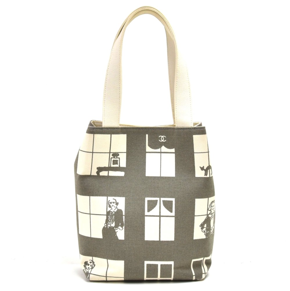 Authenticated Used Chanel Tote Bag Windows Mademoiselle Cotton Canvas 8th  CHANEL Window Ladies Print 