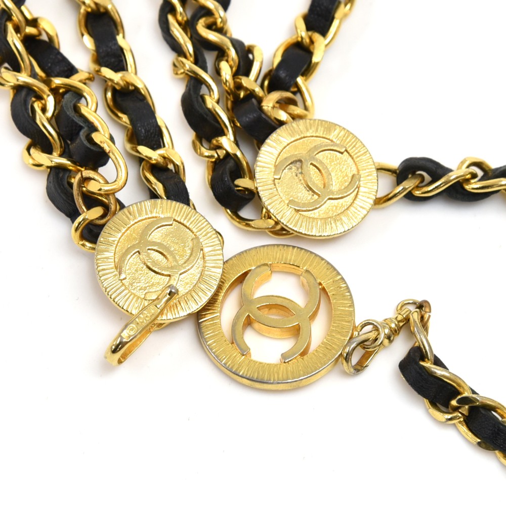 Chanel Vintage Chanel Black Leather & Gold Chain Medallion 3