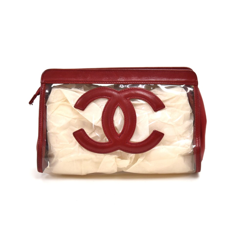 Chanel Chanel Red Lambskin Leather & Vinyl CC Logo Cosmetic Travel