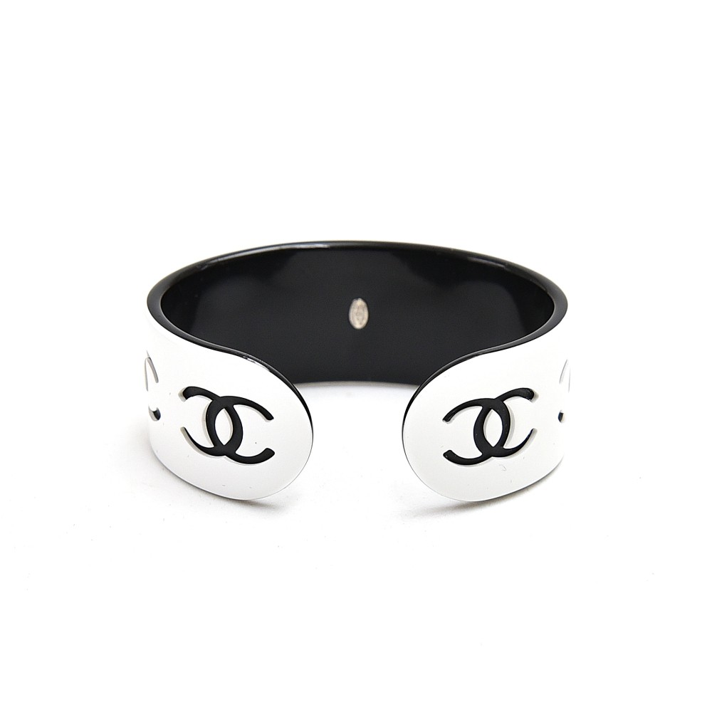 Chanel Black/Clear Resin Faux Pearl CC Bangle Bracelet - Yoogi's Closet
