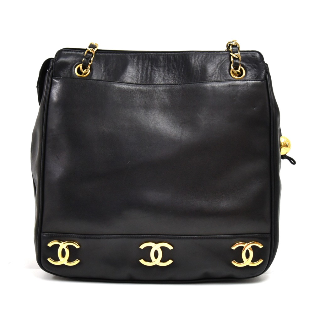 Vintage Chanel Black Triple CC Logo Lambskin Leather Shoulder Bag