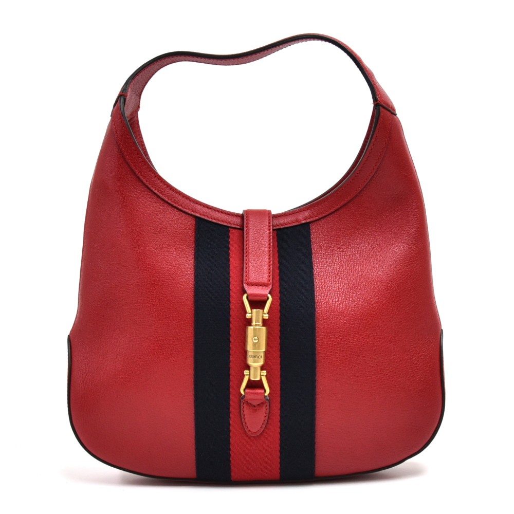 Gucci Gucci Jackie Red Calfskin Leather & Navy Striped Web Hobo Bag