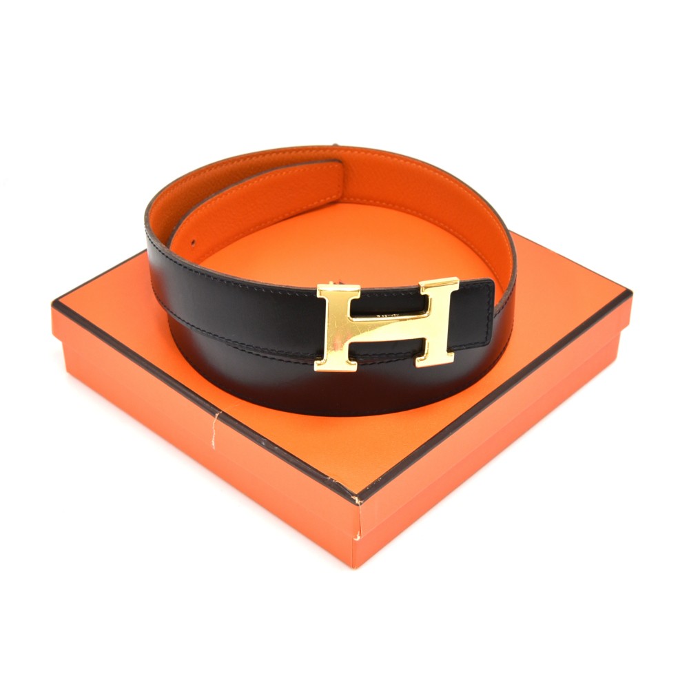 Hermes 32mm Black/Orange Constance H Belt 80cm Brushed Gold Buckle –  Madison Avenue Couture