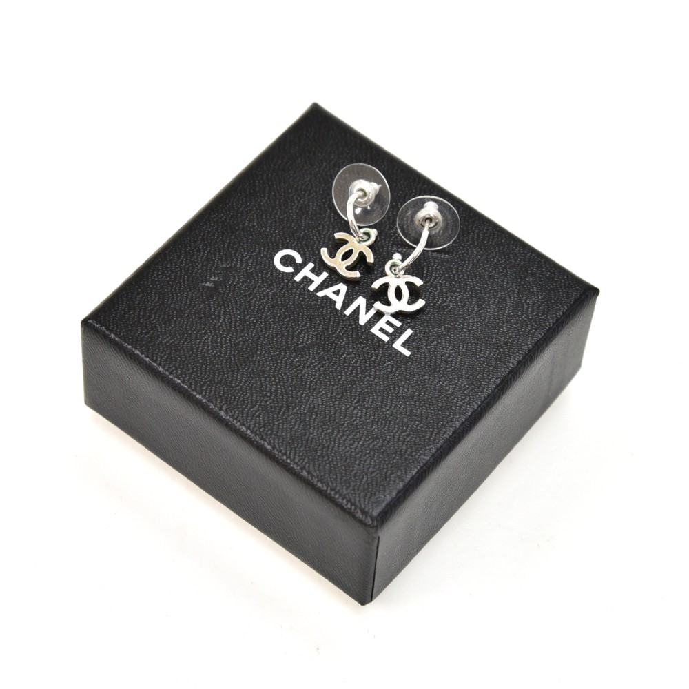 Chanel Crystal CC Logo Post Earrings - Silver