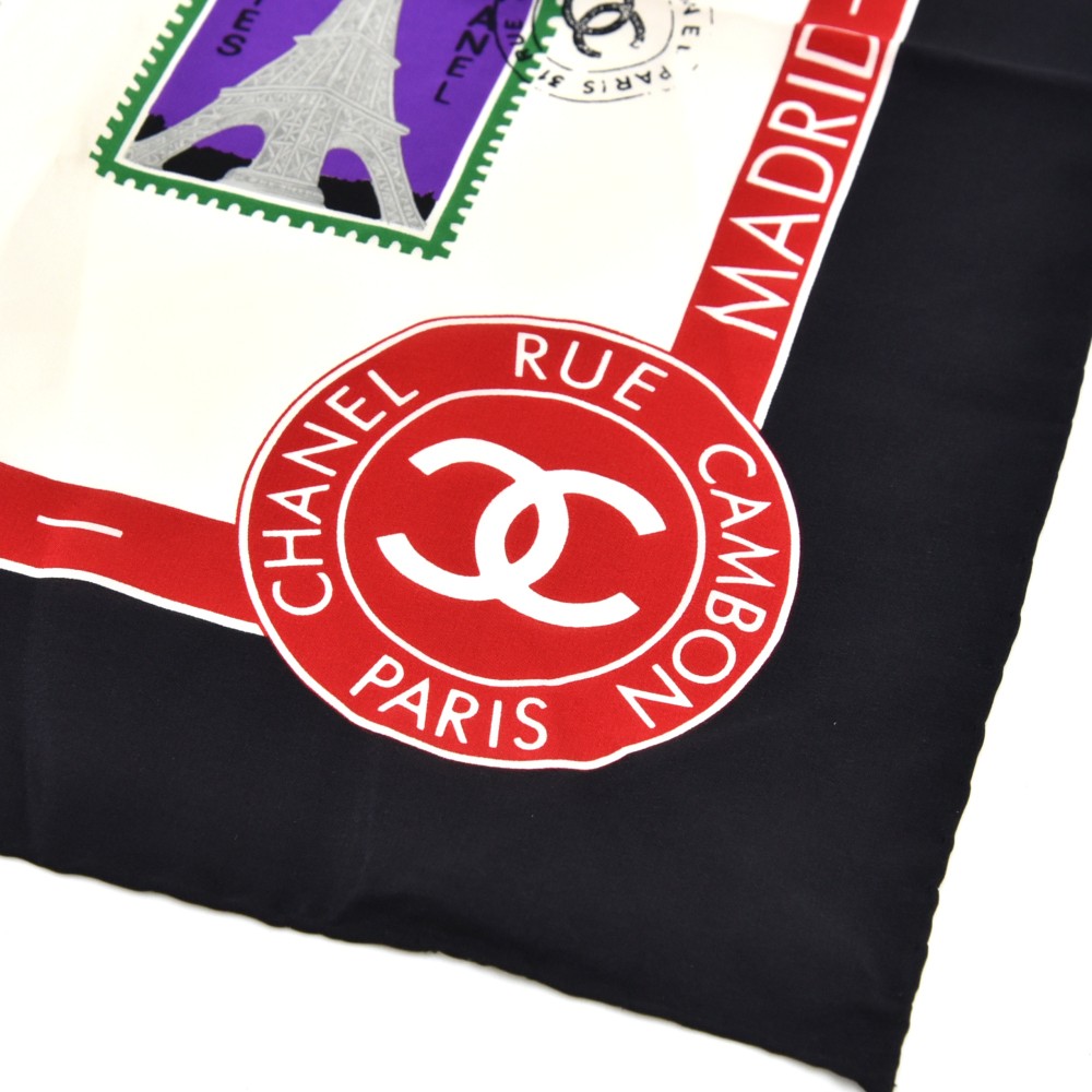 CHANEL Silk Flags Square Scarf Red Black 522040